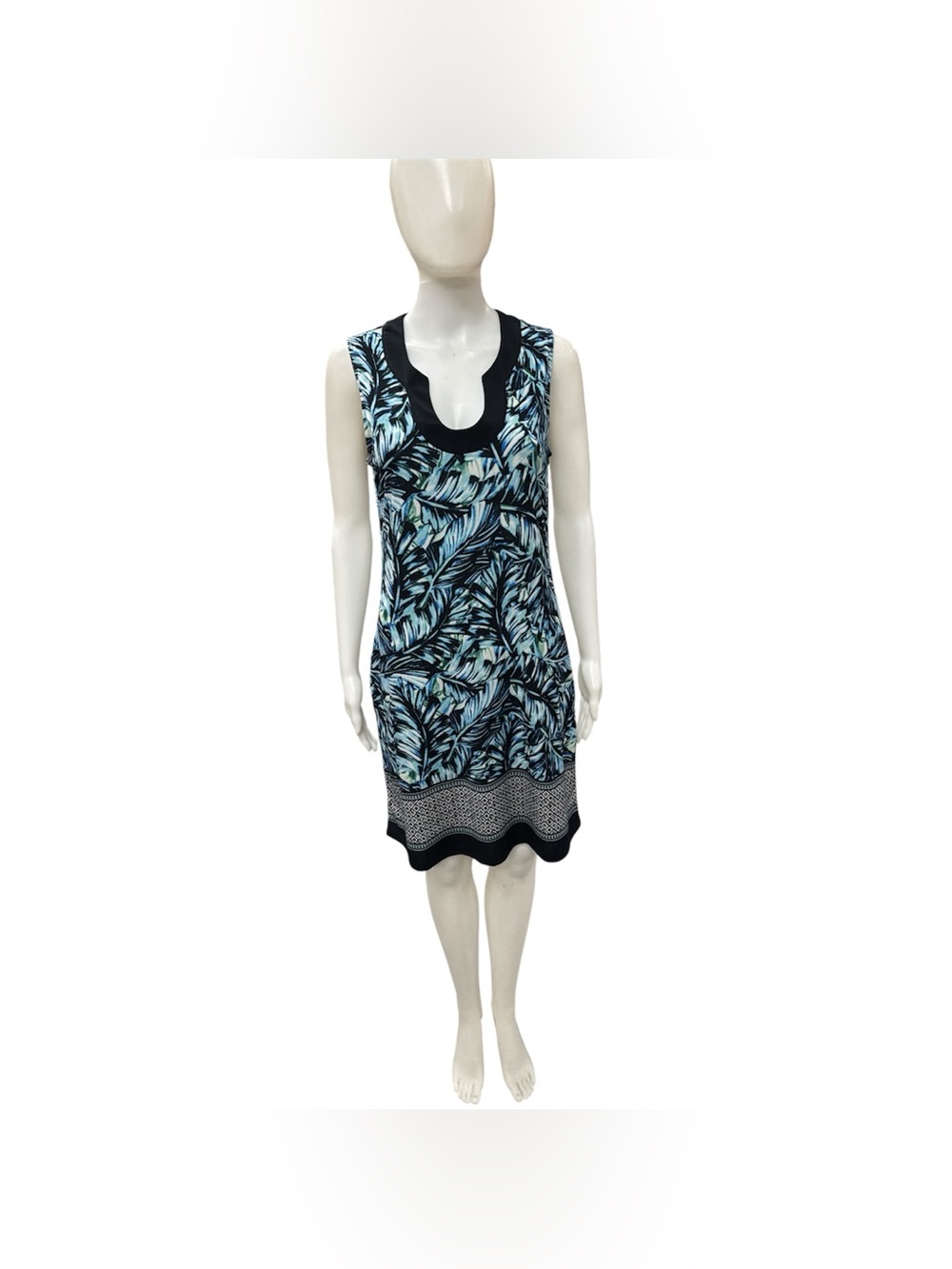 Simon Chang Black and Blue Leaf Print Sleeveless Dress Size M